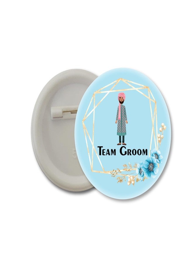 D2C Wedding Party Badges Set, Team Bride and Team Groom Pins, Floral Design with Geometric Frame, Pink and Blue (Team Groom, 5)